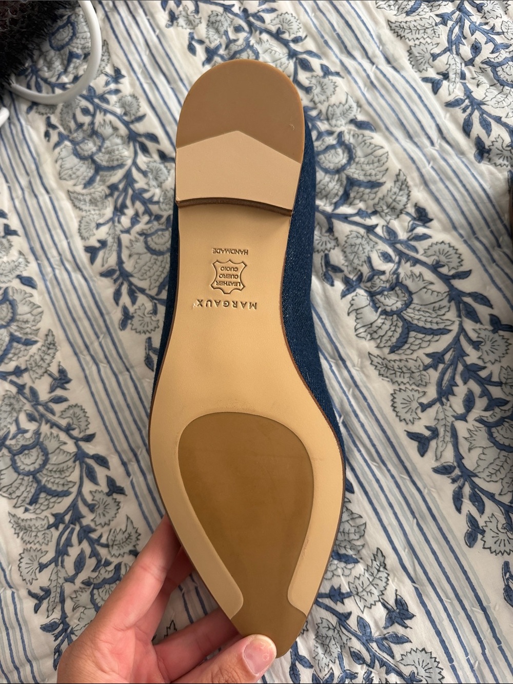 Never Worn Margaux Denim-Textured Navy Pointed-Toe Flats with Bow - Picture 3 of 3